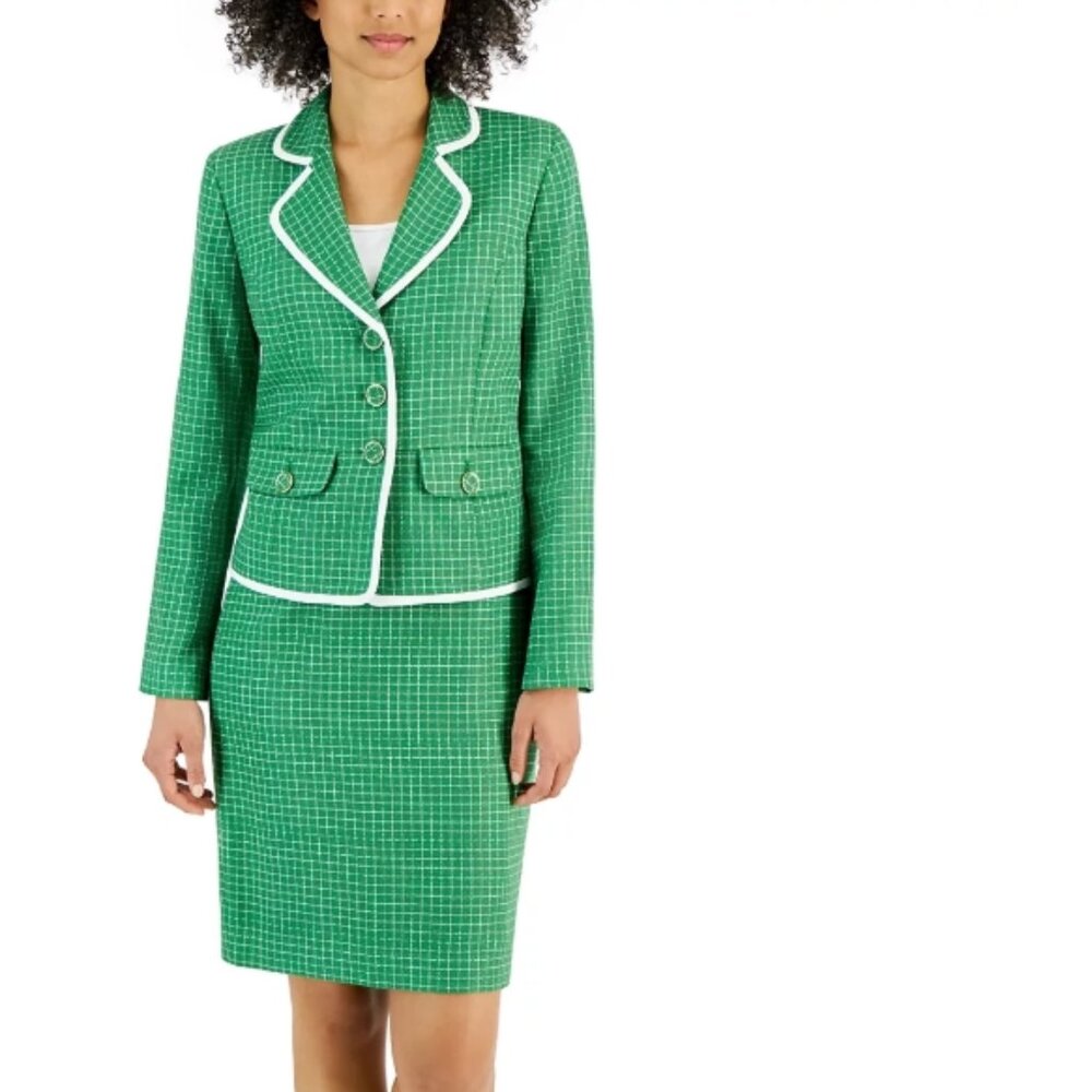 NWT Le Suit Women's Check Print Contrast Trim Skirt Suit SZ 6 Verde/White